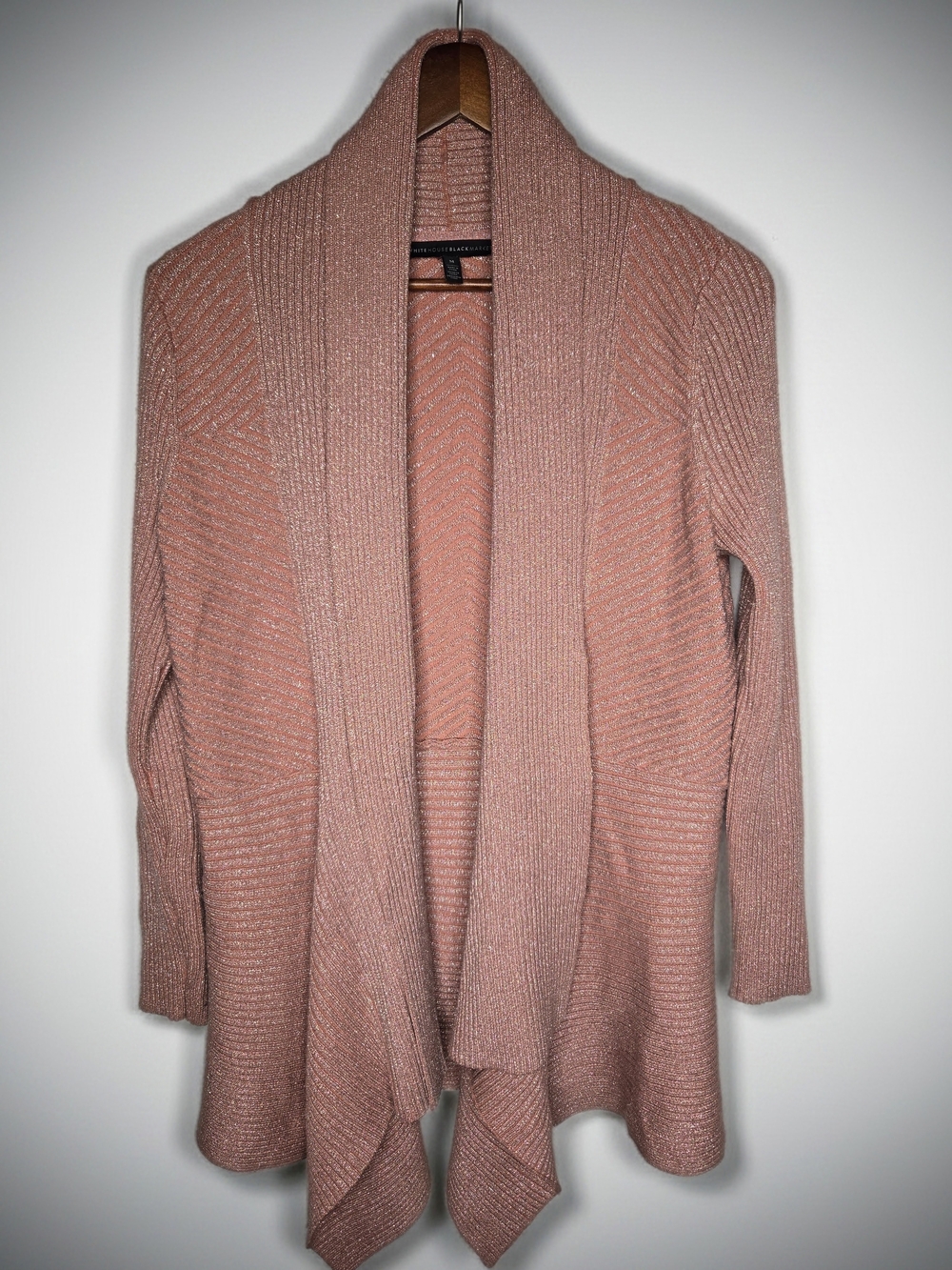 White House Black Market Pink Cozy Metallic Ribbed Open Front Draped Cardigan M